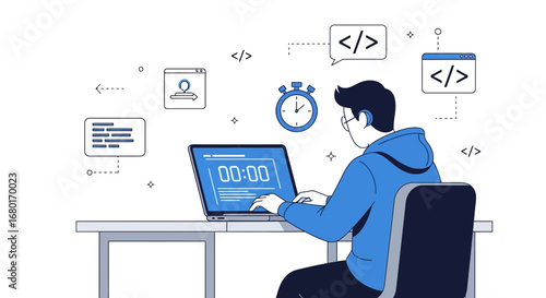 Illustration of a programmer working on a laptop with coding elements around him