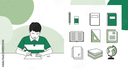 Illustration of a student studying surrounded by school supplies in green tones