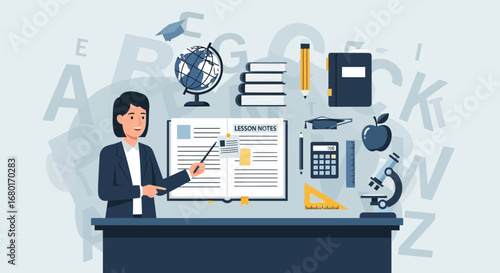 Illustration of a teacher explaining a lesson with educational tools background concept