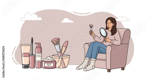 Illustration of a woman applying makeup at home in a relaxed and comfortable setting
