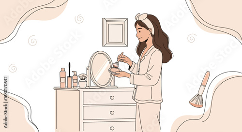 Illustration of a woman applying makeup in her bedroom with a neutral color palette