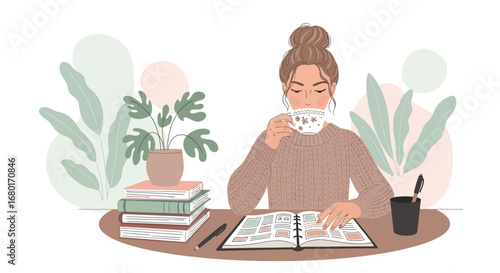 Illustration of a woman enjoying tea while planning or journaling in a cozy room filled with