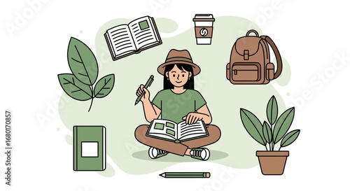 Illustration of a woman reading and studying with books and plants around her