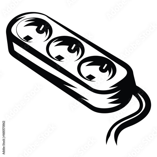 Black and white illustration of power strip extension cord with three outlets