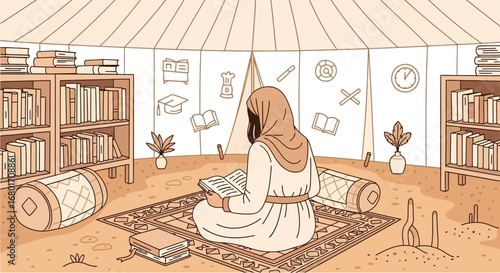 Illustration of a woman in hijab reading in a tent surrounded by books and decorations