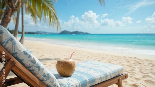 Wallpaper Mural Relaxing beach view with a coconut drink on a lounge chair. 4k video Torontodigital.ca