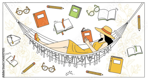 Illustration of a woman reading in a hammock surrounded by books and glasses