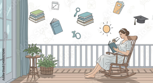 Illustration of a woman reading on a porch surrounded by floating symbols representing education