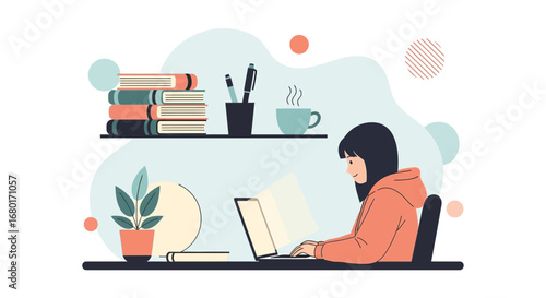 Illustration of a woman working at a computer in a cozy workspace environment