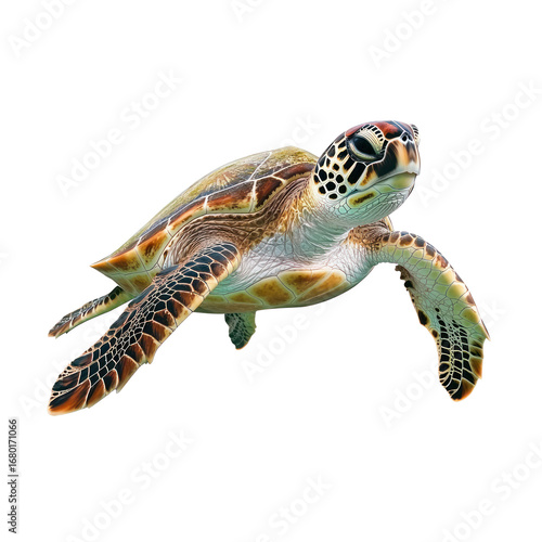 Sea turtle feeding Grazes on sea grass or hunts for jellyfish. full length isolate on transparent background
