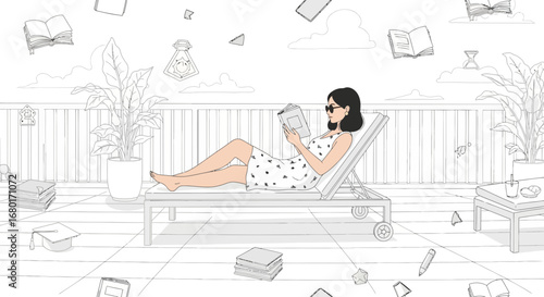 Illustration of a woman reading on a sunbed with books floating in the air symbolizing leisure