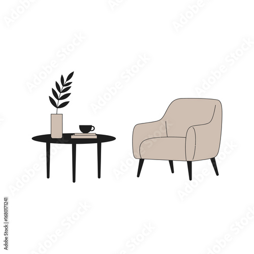 Black and white armchair and table in an empty comfortable office interior