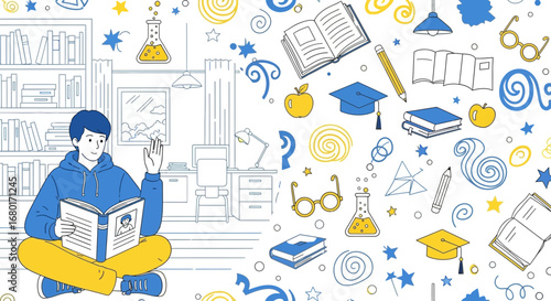 Illustration of a young man reading a book at home with a study theme background