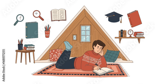 Illustration of a young man in a cozy attic room studying or writing with books all around him