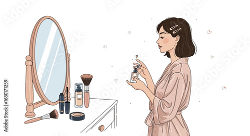Illustration of a young woman applying perfume after doing her makeup at home