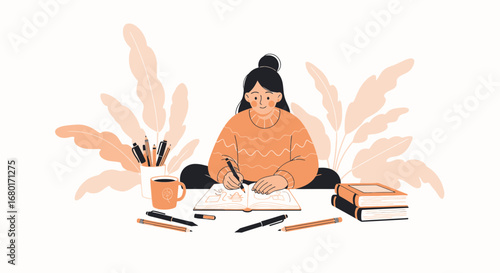 Illustration of a young woman sketching in her notebook surrounded by art supplies