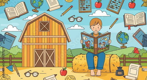 Illustration of a young boy reading a book on a farm surrounded by learning materials