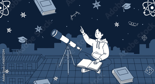 Illustration of a young stargazer with a telescope on the roof at night scene