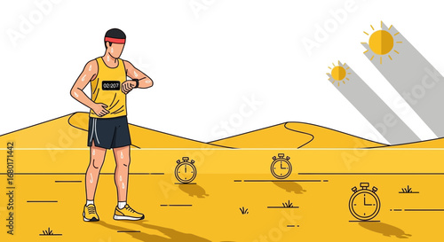 Illustration of athlete checking time during marathon training in desert landscape
