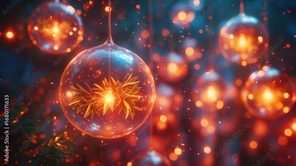 Obraz premium Enchanted Glass Ornament with Golden Foliage and Warm Bokeh Lights, Evoking a Magical Holiday Atmosphere