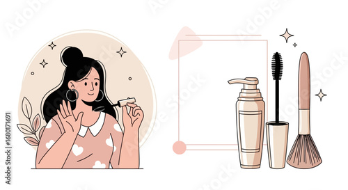 Illustration showcasing a beauty routine with makeup application and skincare products displayed