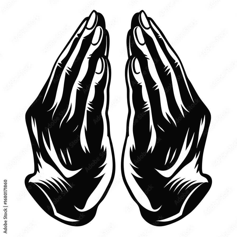 Obraz premium Praying hands vector illustration in black and white, spiritual or religious icon