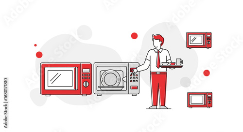 Illustration showcasing a microwave oven selection with a butler serving food and drinks