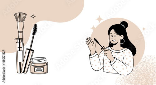 Illustration showcasing beauty products alongside a woman applying makeup gracefully creating a