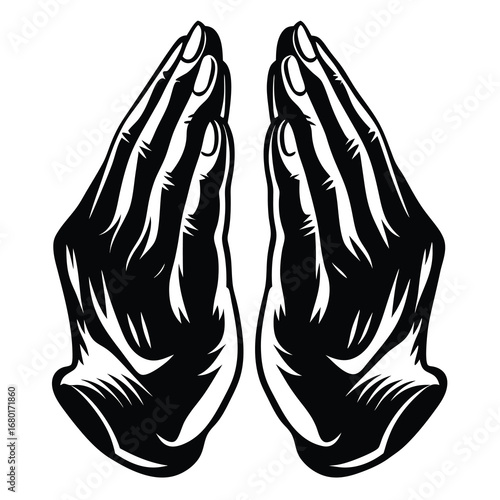 Praying hands vector illustration in black and white, spiritual or religious icon