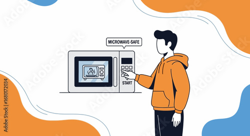 Illustrative depiction of a person operating a microwave for cooking or reheating food preparation