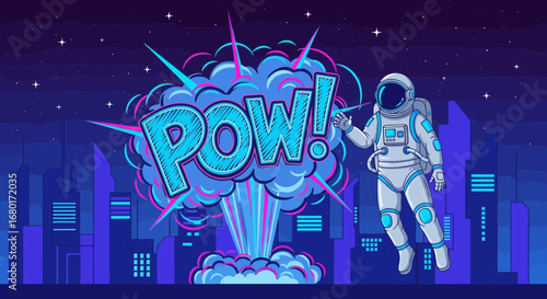 Illustrative astronaut in space suit near explosive cloud in cityscape at night