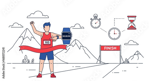 Illustrative depiction of an athlete winning a marathon showcasing time tracking technology