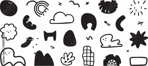 Black and white doodles seamless pattern with various abstract shapes and playful characters in a whimsical and artistic composition great for backgrounds and designs