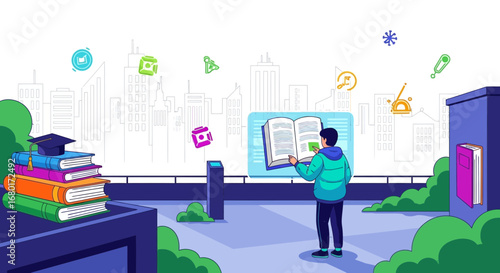 Illustrative Concept of a Man Reading an E-Book Outdoors with Learning Icons Surrounding Him in a