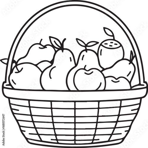 Black and White Illustration of a Wicker Basket Overflowing with Assorted Fruits Fresh Pears and Apples Inside
