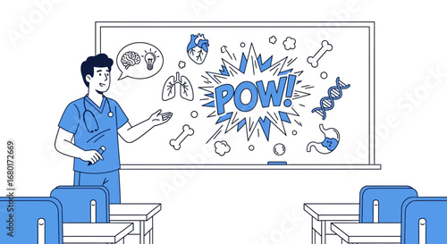 Illustrative medical lecture with a doctor presenting human anatomy on a board