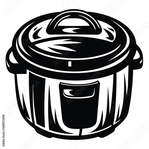 Stylized black and white illustration of a pressure cooker with a closed lid