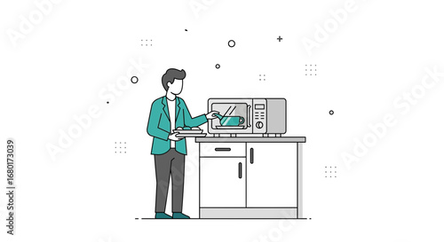 Man reheating food in a microwave oven for a quick meal preparation concept
