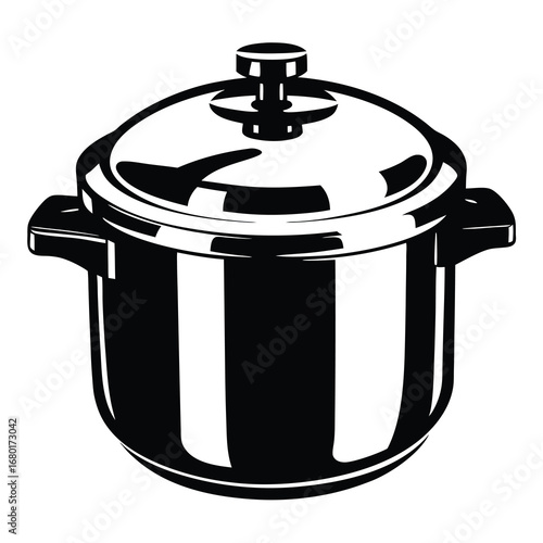 Black and white illustration of a covered cooking pot with handles