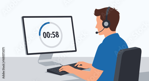 Man working at computer with timer display, customer support representation