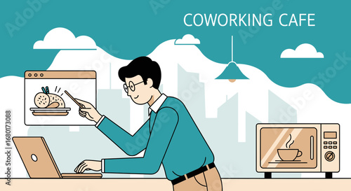 Man working remotely in a coworking cafe while planning a meal on his laptop with skyline background