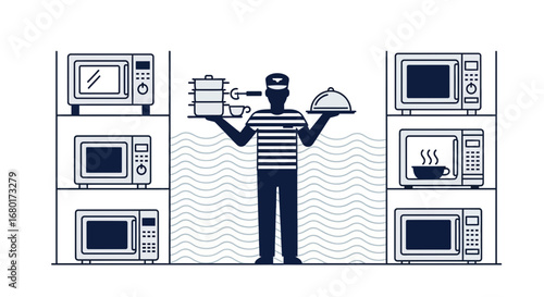 Microwave ovens and chef concept for household appliances and culinary arts illustration
