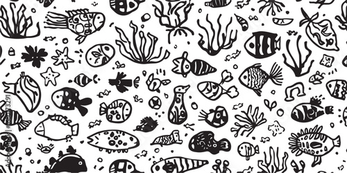 Black and White Seamless Pattern of Hand Drawn Sea Life featuring Fish Algae and Sea Stars for Textile Design and Creative Projects