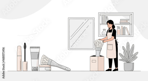 Minimalist illustration of a makeup artist organizing cosmetics in a stylish room