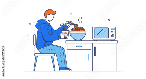 Minimalist illustration of a person eating noodles at a table with a microwave
