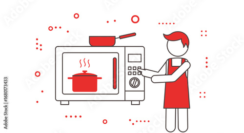Minimalist vector illustration of a person using a microwave for cooking with a pot inside the