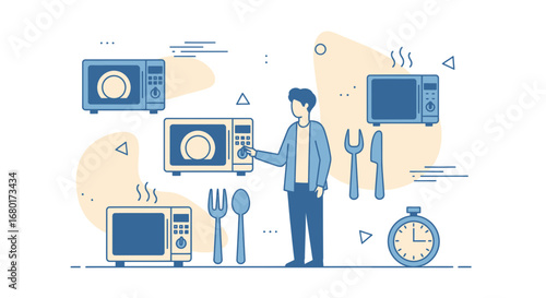 Microwave cooking with cutlery and timer illustration depicts kitchen scene