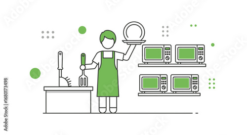 Modern kitchen scene, chef wearing apron, with microwaves and cooking tools, minimalist design
