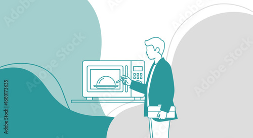 Minimalist illustration of a man using a microwave oven for meal preparation at home with soft