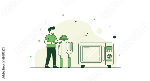 Minimalist Kitchen Scene Illustration Featuring Man Microwave and Utensils in Green Tones